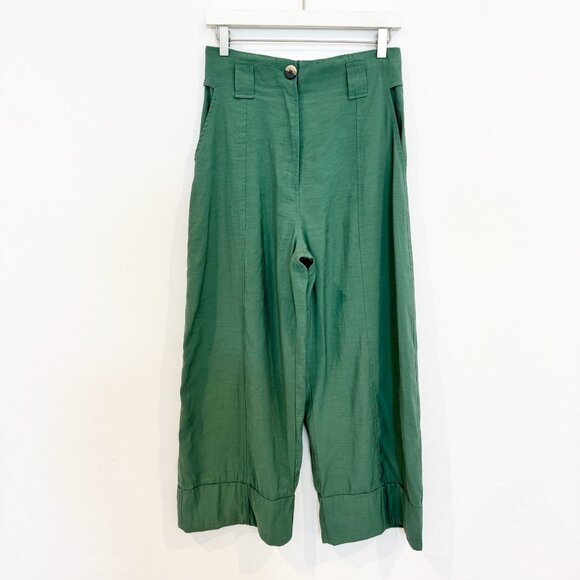 Ganni Wide Leg Cropped High Rise Trouser Pants Myrtle Green Contemporary Size 4 - Picture 3 of 11